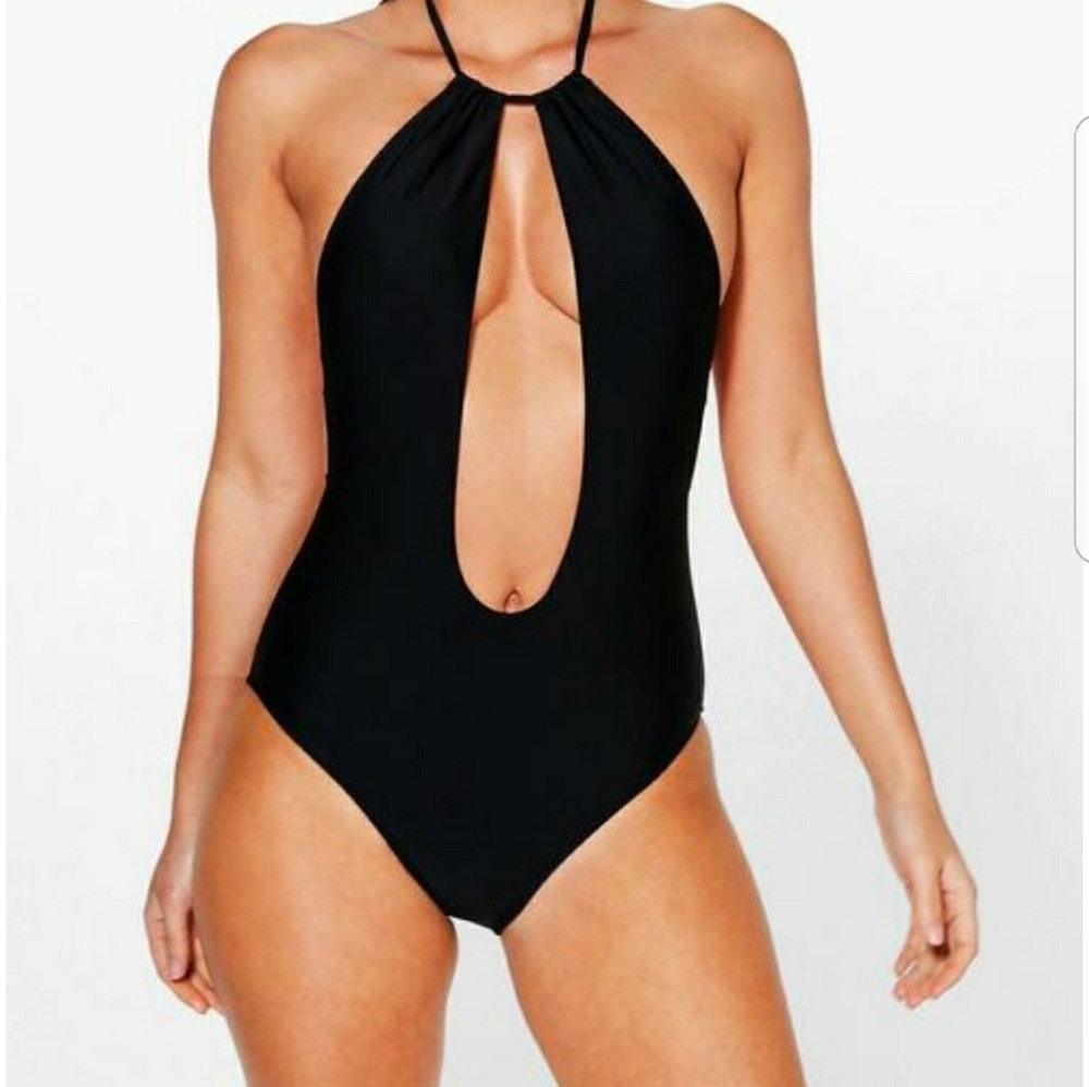 Black plunge one piece swim suite